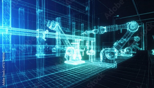 Automated Factory Floor with Robotic Arms in a Grid. Engineering application