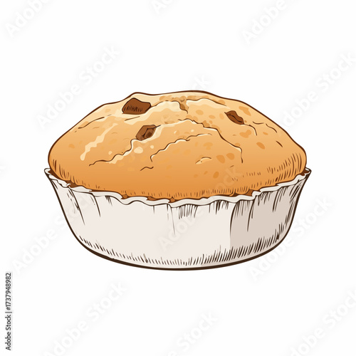 A detailed illustration of a golden brown chocolate chip muffin in a white paper cup, isolated on a white background.