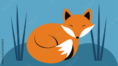 Sleeping fox curled up in a blue field