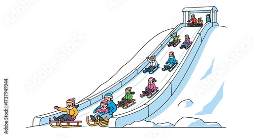 Vibrant illustration of happy children and adults sledding down a snowy hill, enjoying active winter outdoor recreation, speed, and cheerful family fun