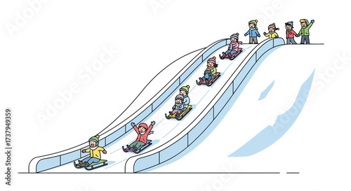 A diverse group of happy children in warm winter clothes sledding together down a snowy hill, enjoying a fun outdoor community activity
