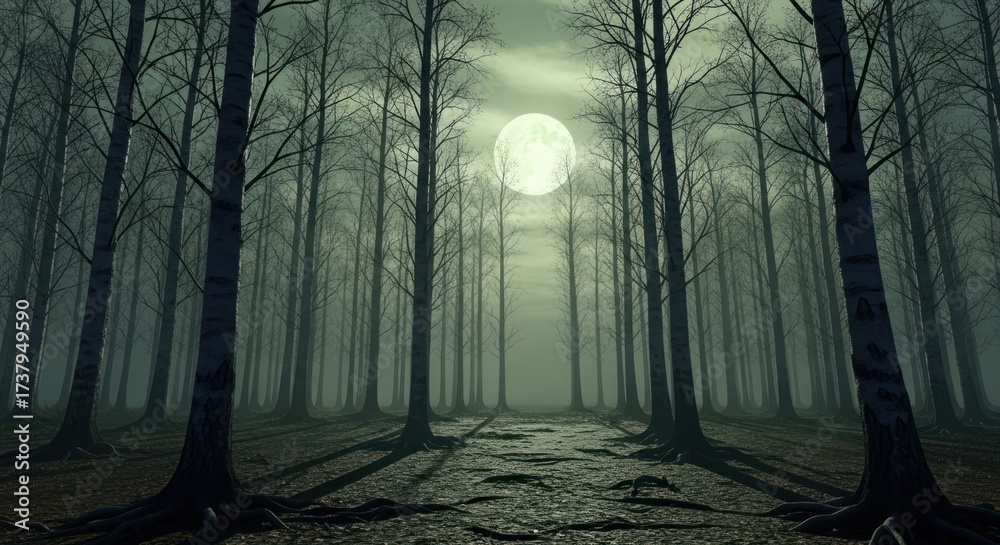 Obraz premium Eerie full moon shining through a dense forest of trees in a spooky landscape