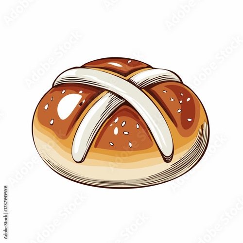 A delicious-looking hot cross bun with a white cross on top, perfect for Easter celebrations.