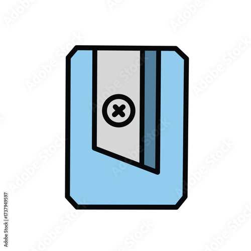 Simple illustration of a blue pencil sharpener, ready for school or office use, white background