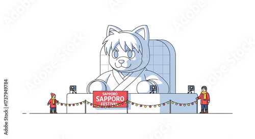 A line art illustration of a giant animal snow sculpture at a Japanese winter festival, with people enjoying the festive celebration