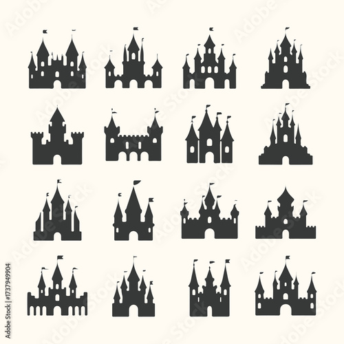 Vector art of collection of diverse fairytale castle silhouettes, each uniquely designed with towers, battlements, and flags, presented against a neutral background, evoking fantasy and imagination