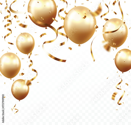 Celebration banner design with gold confetti, falling ribbon and balloons