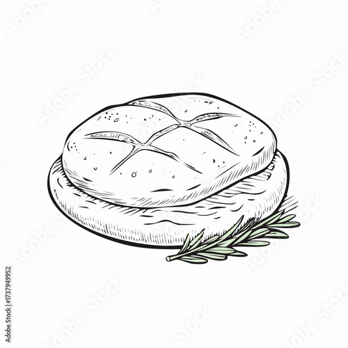 A hand-drawn black and white illustration of a sliced artisan bread roll with a fresh rosemary sprig.