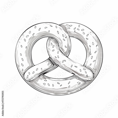 Detailed black and white illustration of a pretzel with sesame seeds, showing texture.