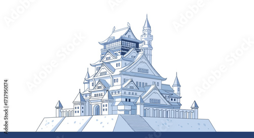 A beautiful and detailed digital illustration of a large ancient Japanese feudal castle, a symbol of history and culture, depicted in shades of blue