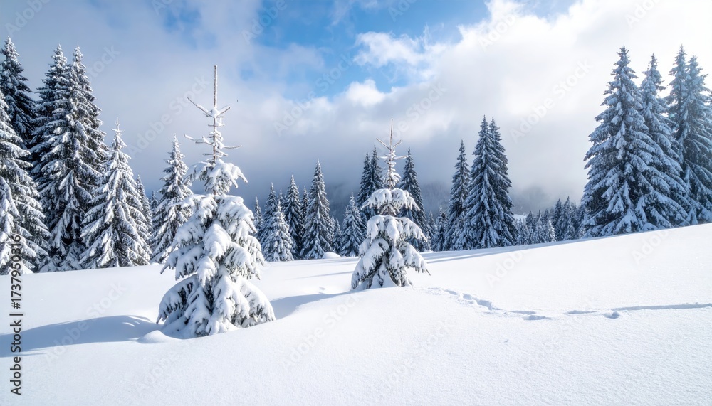 Fototapeta premium Winter Forest View Snow-Covered Trees, Cloudy Sky for Holiday Travel Promotion