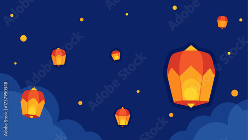Floating lanterns in the night sky view