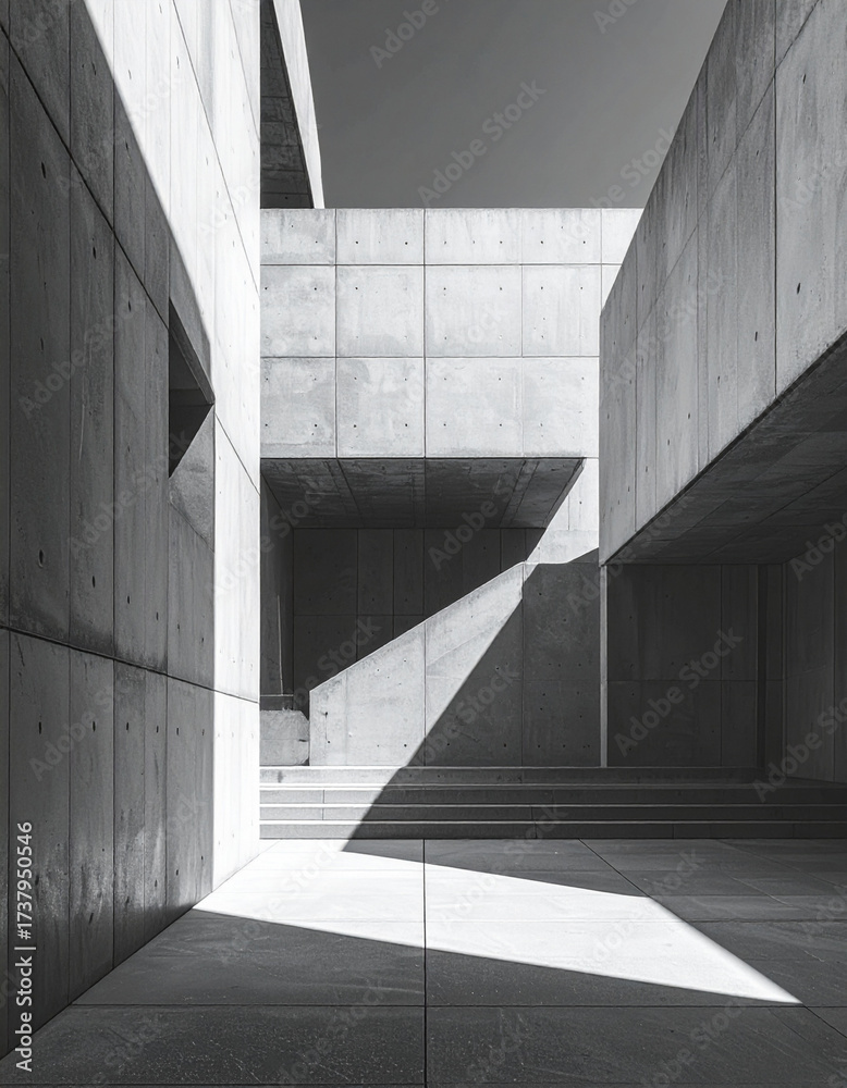 Fototapeta premium Modern minimal architecture in monochrome light and shadow abstract concrete structure empty urban environment unique viewpoint