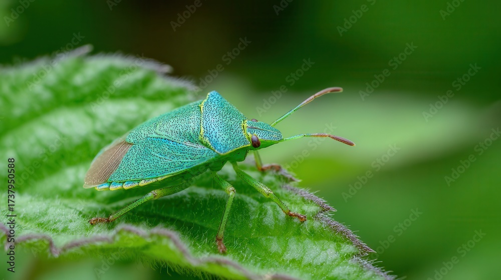 Fototapeta premium Close-up of a vibrant green insect on a leaf.