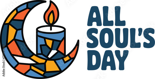 A stylized crescent moon cradles a lit candle, with 'ALL SOUL'S DAY' text, symbolizing remembrance and tradition.