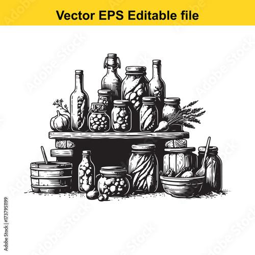 Vector art of vintage pantry with jars, bottles, and produce