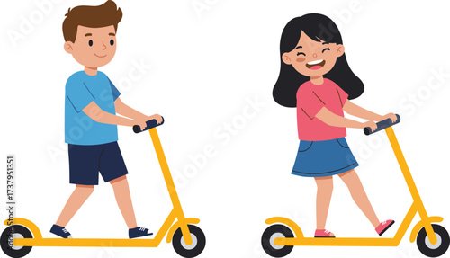 Happy smiling children riding blue scooters outdoors, active boy and girl on kick scooters having fun, kids enjoying summer recreational activity and transport.