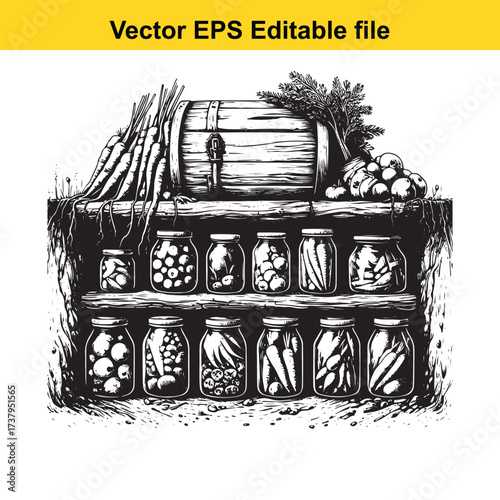 Vector art of vector illustration of preserved food in jars on shelves