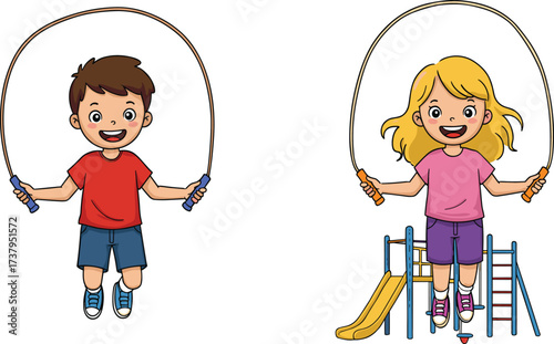 Energetic children skipping rope together, happy smiling boy and girl exercising outdoors, active kids jumping for fitness and fun, healthy childhood activity.