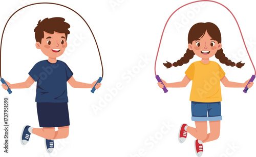 Energetic children skipping rope together, happy smiling boy and girl exercising outdoors, active kids jumping for fitness and fun, healthy childhood activity.