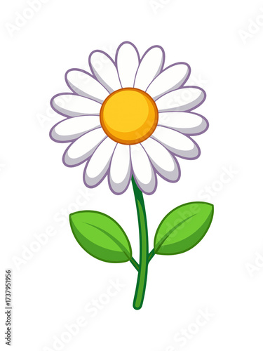 Cartoon daisy flower with white petals, yellow center, green stem, and leaves