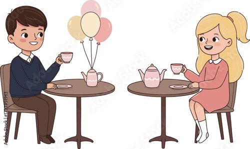 Kids Playing Tea Party with Toys, Boy and Girl Having Imaginative Fun, Childhood Indoor Playtime, Creative Role Play
.