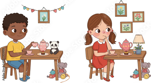 Kids Playing Tea Party with Toys, Boy and Girl Having Imaginative Fun, Childhood Indoor Playtime, Creative Role Play
.