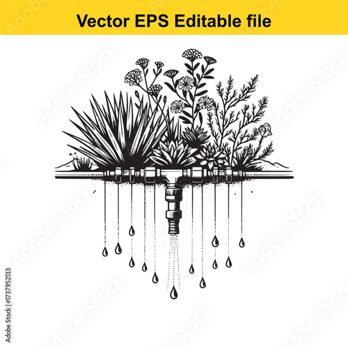 Vector art of drip irrigation system watering plants