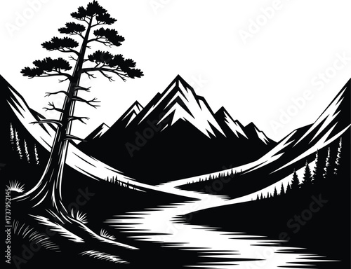 Mountain Landscape Silhouette with River and Pine Tree.