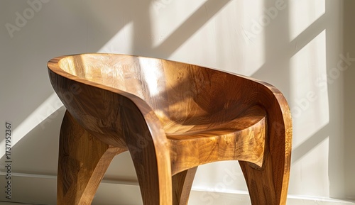 Wooden chair sitting in sunlight against white wall. Interior decor stock photo