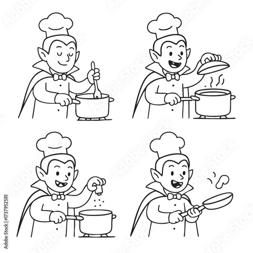 Coloring book page featuring vampire chef cooking in kitchen for fun coloring activity
