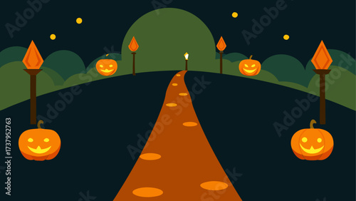 Halloween night with pumpkins and torches