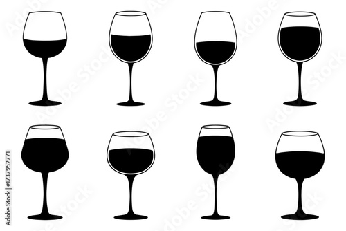 Different wine glasses silhouette filled with red wine, in various levels and styles