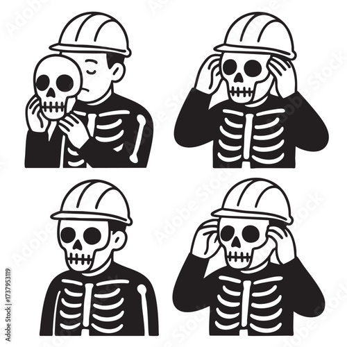 Skeleton hard hat safety construction illustration comic transformation humor