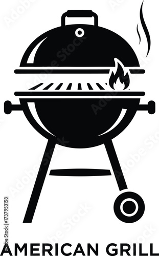 Classic american charcoal grill with flames and smoke
