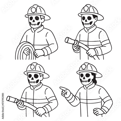 Firefighter skeleton helmet uniform hose pointing cartoon black and white illustration