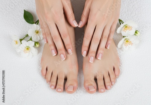 Manicured hands and feet with white flowers on a white towel