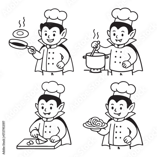 Vampire chef cartoon, cooking, frying, stirring, chopping, serving pasta, happy expression