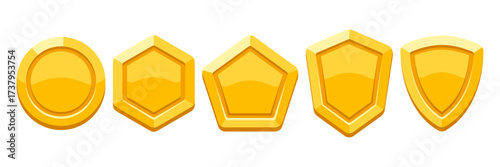 Set of gold medals and shields. Game award for the winners. Illustration of prize for sports competitions.