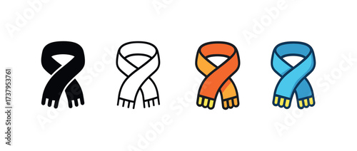 Vector icon knitted scarf four styles black solid glyph outline minimal flat multicolor filled cartoon flat shaded.