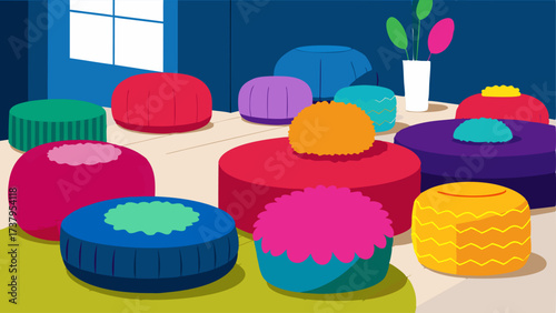 A mix of brightly colored and textured poufs used as extra seating in a living room.