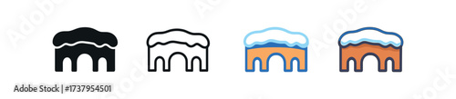 Vector icon snow covered bridge four styles black solid glyph outline minimal flat multicolor filled cartoon flat shaded.