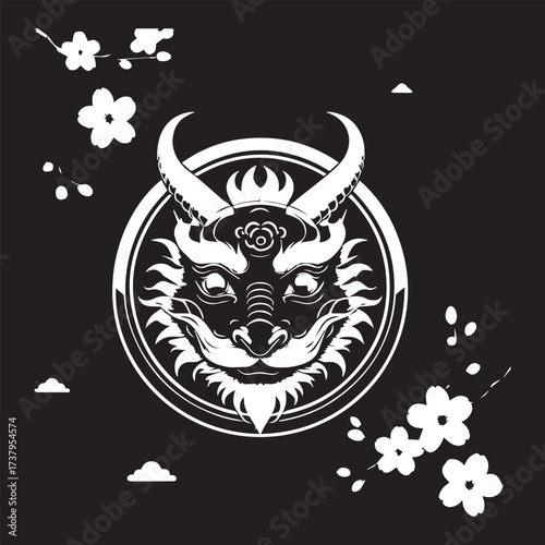 Illustration of a head of a DRAGON Is white on black background and enclosed in a circle with appropriate Asian elements 