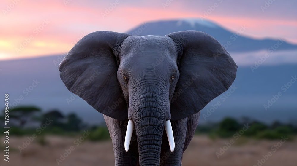 Obraz premium A powerful and graceful African elephant stands tall in the foreground, its massive form silhouetted against the vibrant colors of a breathtaking sunset over a remote, mountainous landscape.