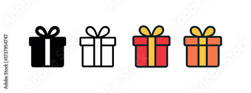 Vector icon holiday gift box four styles black solid glyph outline minimal flat multicolor filled cartoon flat shaded.