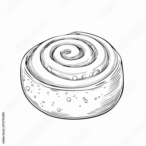 A detailed black and white sketch of a single, freshly baked cinnamon roll with a swirl of icing on top.