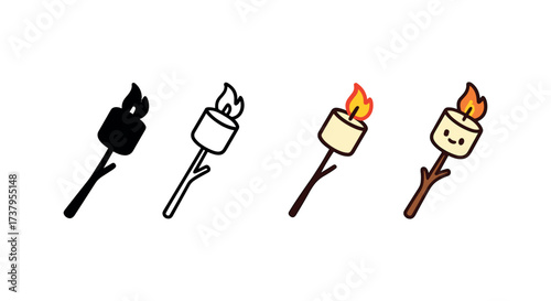 Vector icon roasted marshmallow stick four styles black solid glyph outline minimal flat multicolor filled cartoon flat shaded.