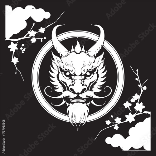 Illustration of a head of a DRAGON Is white on black background and enclosed in a circle with appropriate Asian elements 