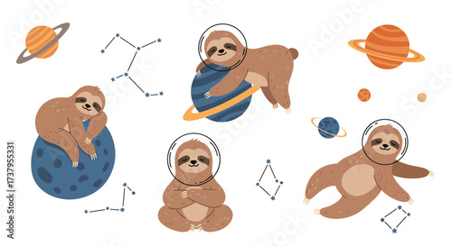 Adorable sloths exploring the vastness of outer space among planets and stars.