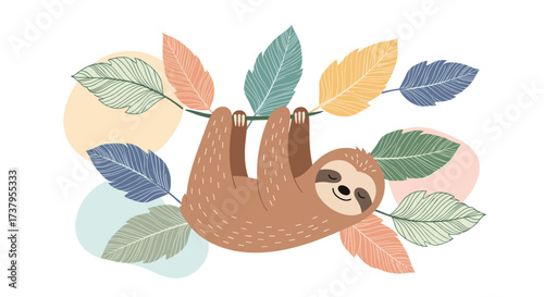 A cute sloth hanging from a tree branch with colorful leaves around it.